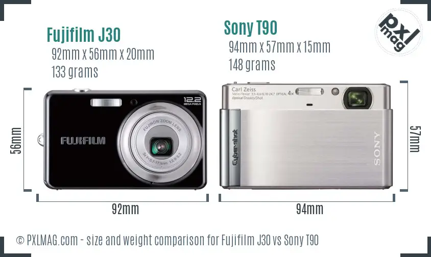 Fujifilm J30 vs Sony T90 size comparison
