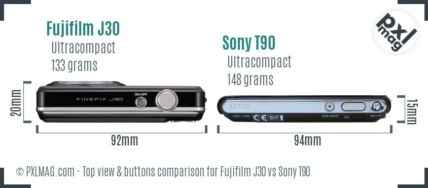 Fujifilm J30 vs Sony T90 top view buttons comparison