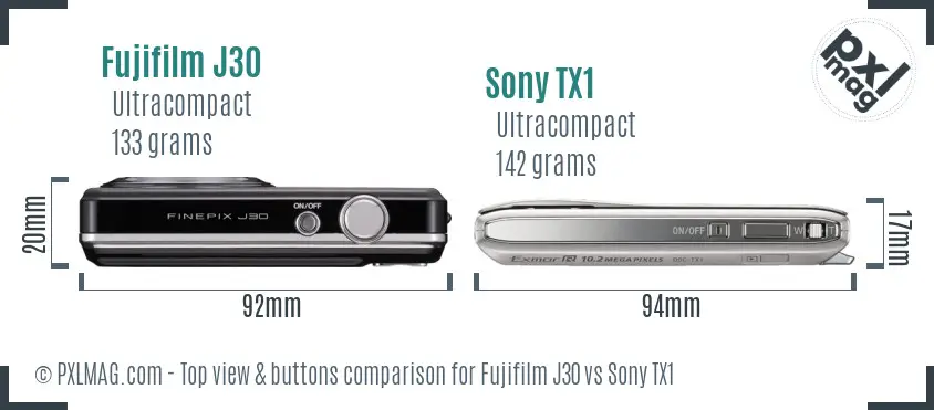 Fujifilm J30 vs Sony TX1 top view buttons comparison