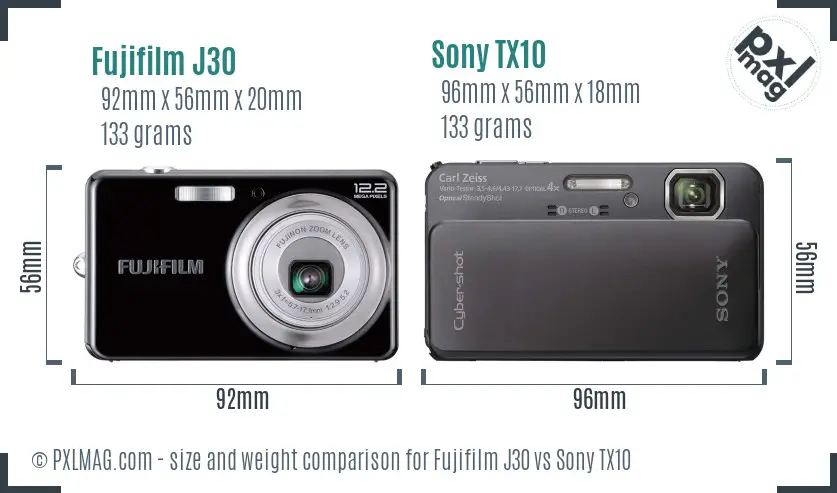 Fujifilm J30 vs Sony TX10 size comparison Fujifilm J30 vs Sony TX10 size comparison