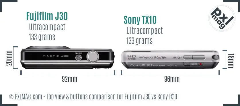 Fujifilm J30 vs Sony TX10 top view buttons comparison Fujifilm J30 vs Sony TX10 top view buttons comparison