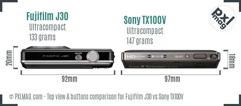 Fujifilm J30 vs Sony TX100V top view buttons comparison