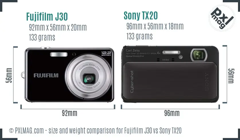 Fujifilm J30 vs Sony TX20 size comparison