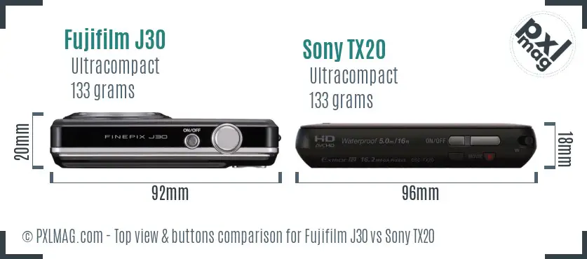 Fujifilm J30 vs Sony TX20 top view buttons comparison