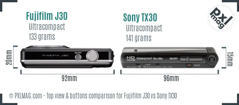 Fujifilm J30 vs Sony TX30 top view buttons comparison