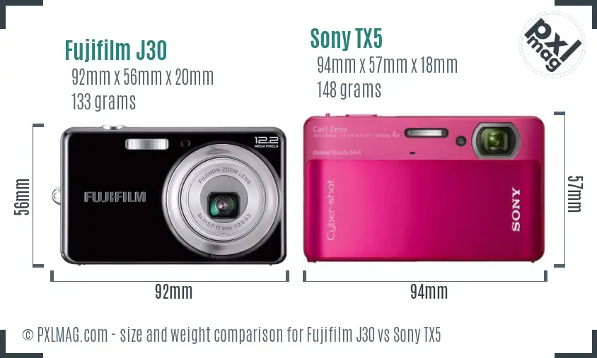 Fujifilm J30 vs Sony TX5 size comparison