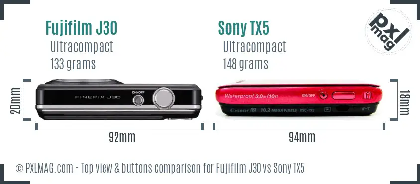 Fujifilm J30 vs Sony TX5 top view buttons comparison