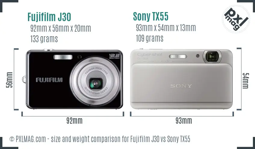 Fujifilm J30 vs Sony TX55 size comparison