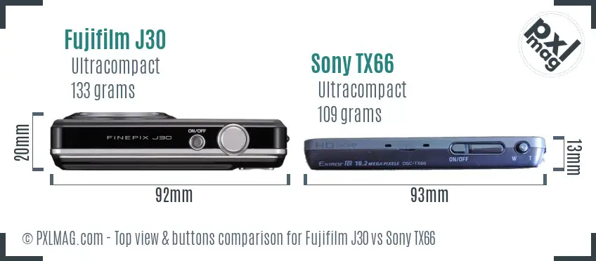 Fujifilm J30 vs Sony TX66 top view buttons comparison