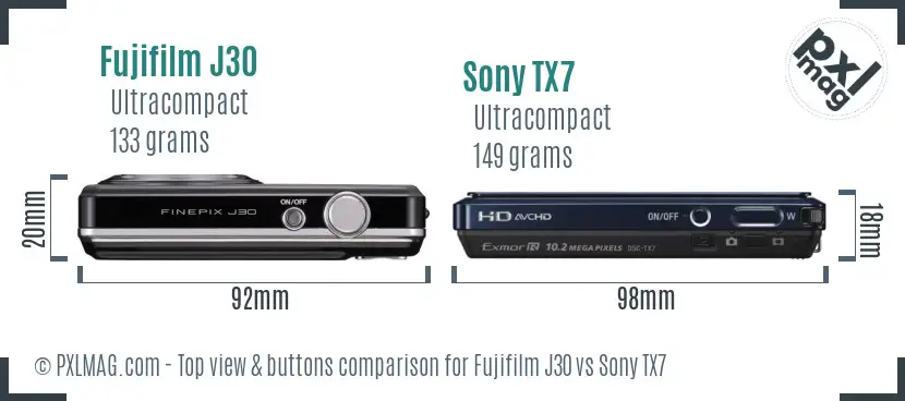 Fujifilm J30 vs Sony TX7 top view buttons comparison