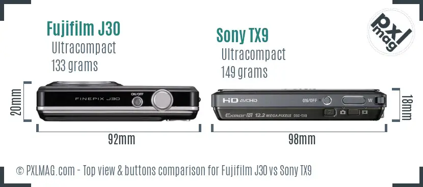 Fujifilm J30 vs Sony TX9 top view buttons comparison