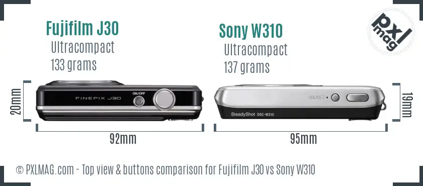 Fujifilm J30 vs Sony W310 top view buttons comparison