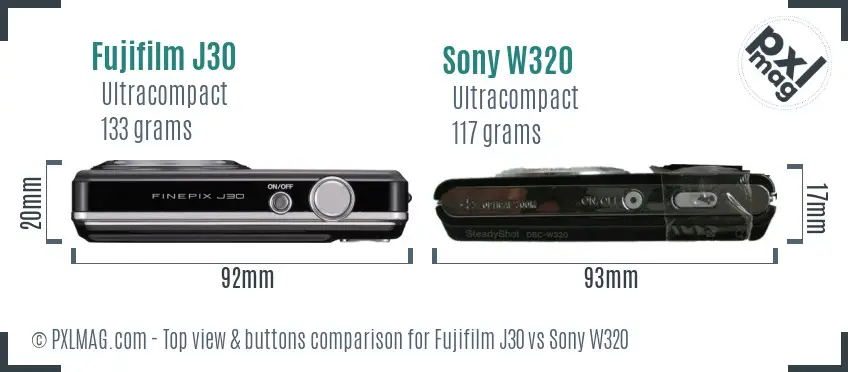 Fujifilm J30 vs Sony W320 top view buttons comparison
