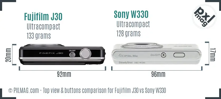 Fujifilm J30 vs Sony W330 top view buttons comparison