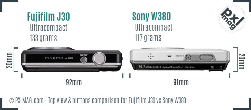 Fujifilm J30 vs Sony W380 top view buttons comparison