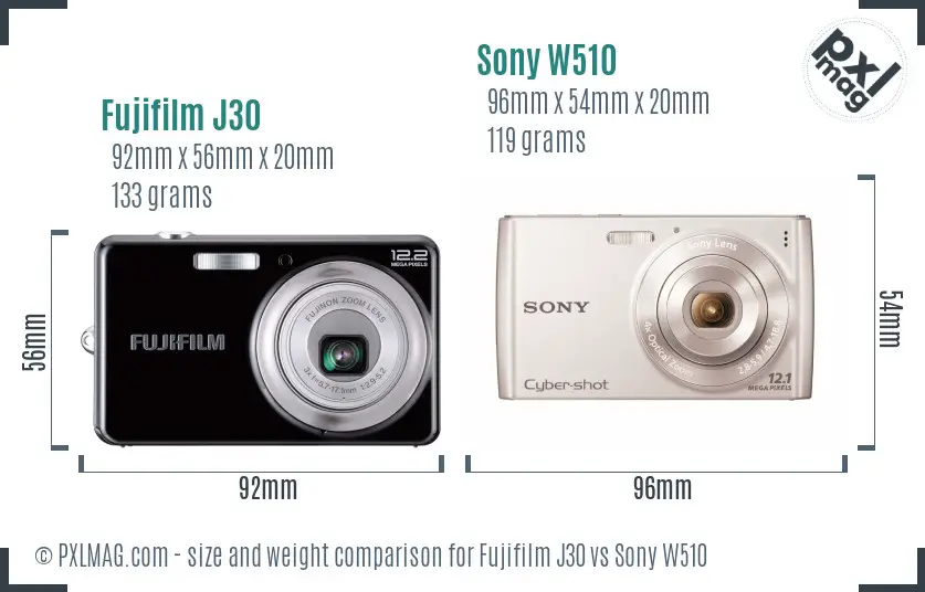 Fujifilm J30 vs Sony W510 size comparison