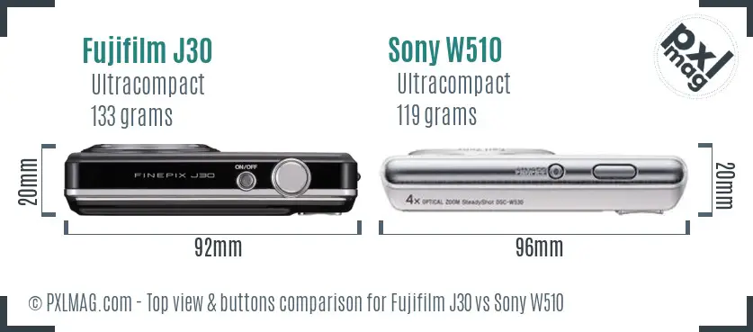 Fujifilm J30 vs Sony W510 top view buttons comparison