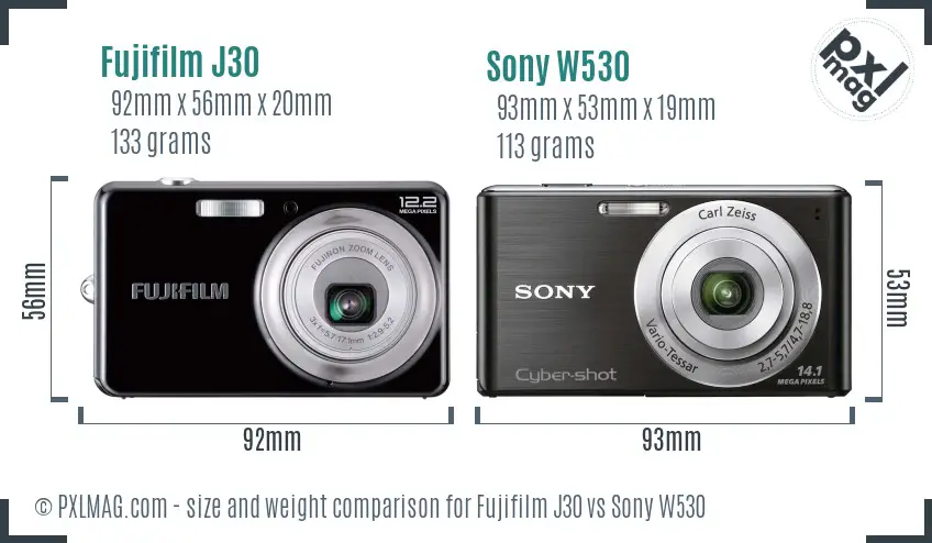 Fujifilm J30 vs Sony W530 size comparison