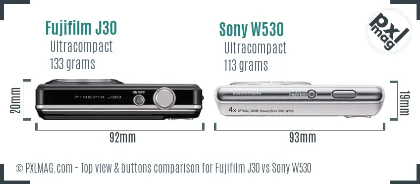 Fujifilm J30 vs Sony W530 top view buttons comparison