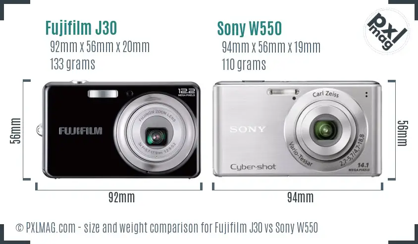 Fujifilm J30 vs Sony W550 size comparison