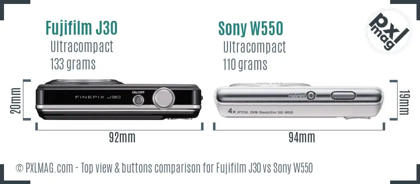 Fujifilm J30 vs Sony W550 top view buttons comparison