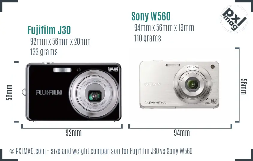 Fujifilm J30 vs Sony W560 size comparison