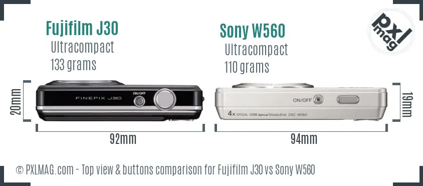 Fujifilm J30 vs Sony W560 top view buttons comparison