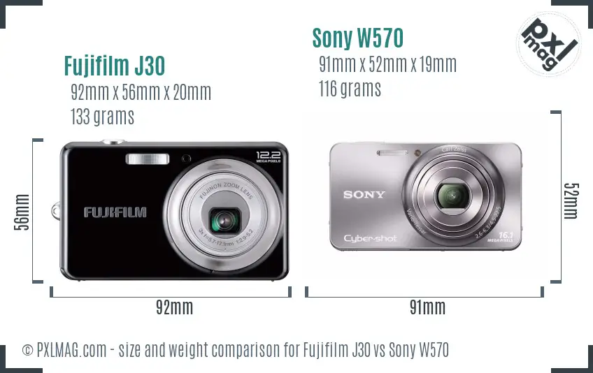Fujifilm J30 vs Sony W570 size comparison
