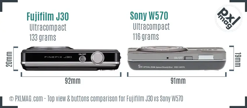 Fujifilm J30 vs Sony W570 top view buttons comparison