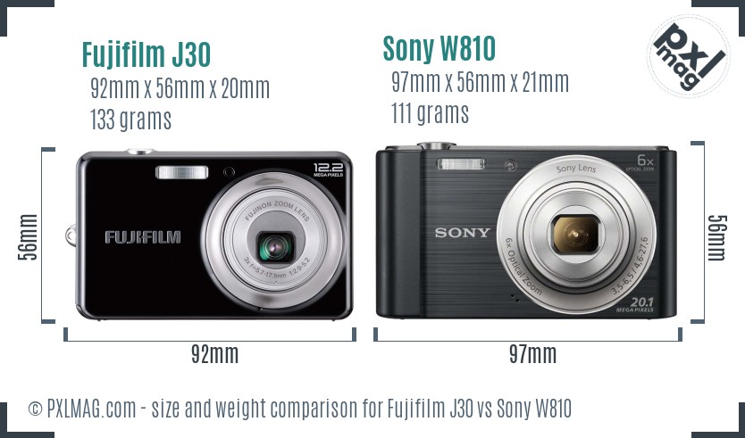 Fujifilm J30 vs Sony W810 size comparison