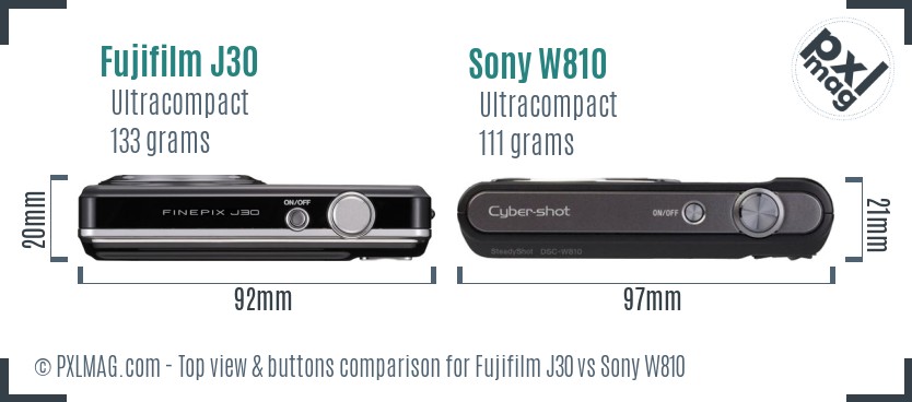 Fujifilm J30 vs Sony W810 top view buttons comparison