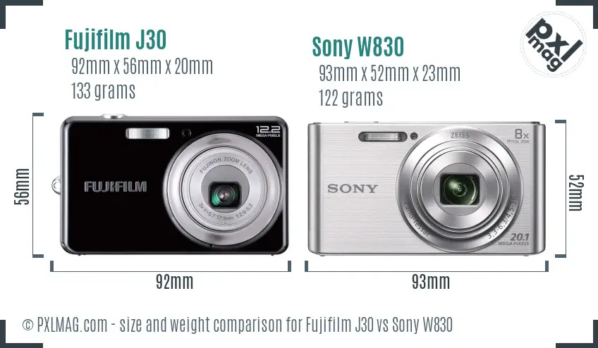 Fujifilm J30 vs Sony W830 size comparison