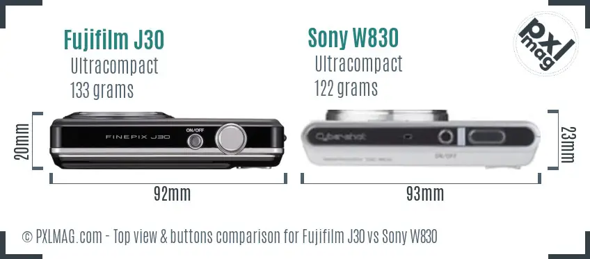 Fujifilm J30 vs Sony W830 top view buttons comparison