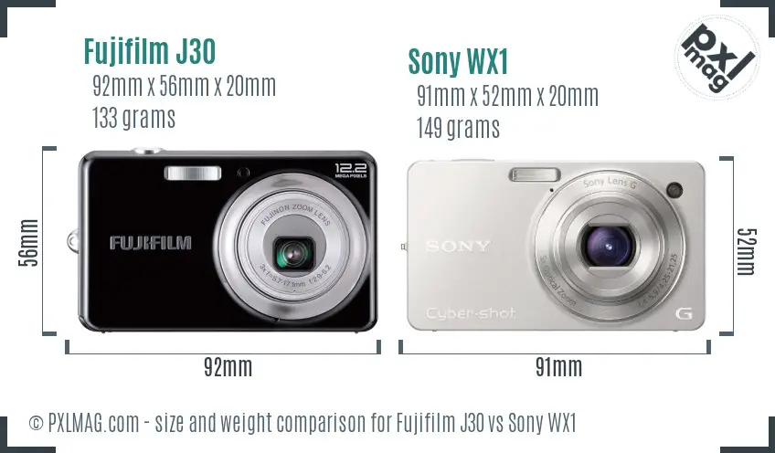 Fujifilm J30 vs Sony WX1 size comparison