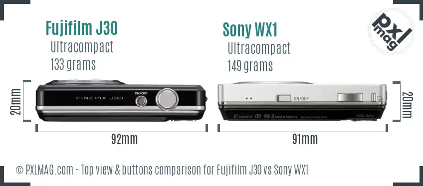 Fujifilm J30 vs Sony WX1 top view buttons comparison