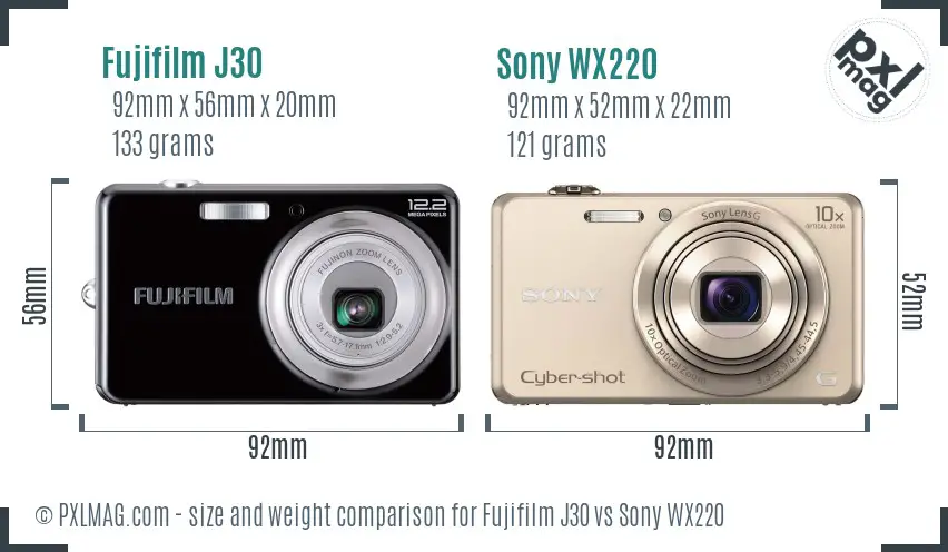 Fujifilm J30 vs Sony WX220 size comparison