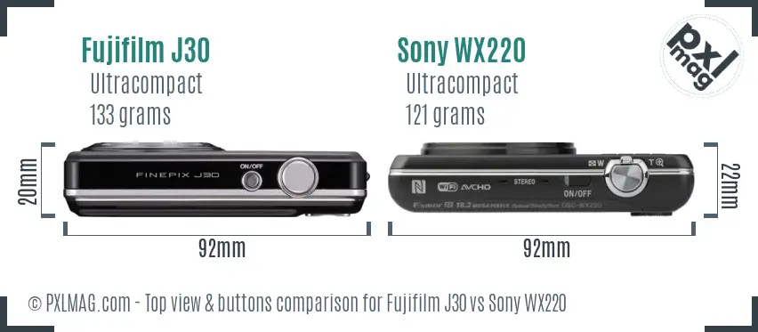 Fujifilm J30 vs Sony WX220 top view buttons comparison