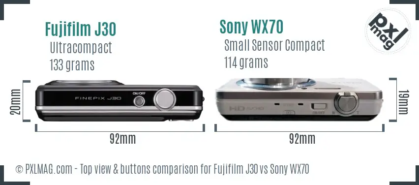 Fujifilm J30 vs Sony WX70 top view buttons comparison