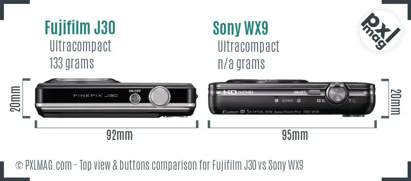 Fujifilm J30 vs Sony WX9 top view buttons comparison Fujifilm J30 vs Sony WX9 top view buttons comparison