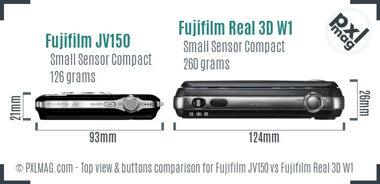 Fujifilm JV150 vs Fujifilm Real 3D W1 top view buttons comparison