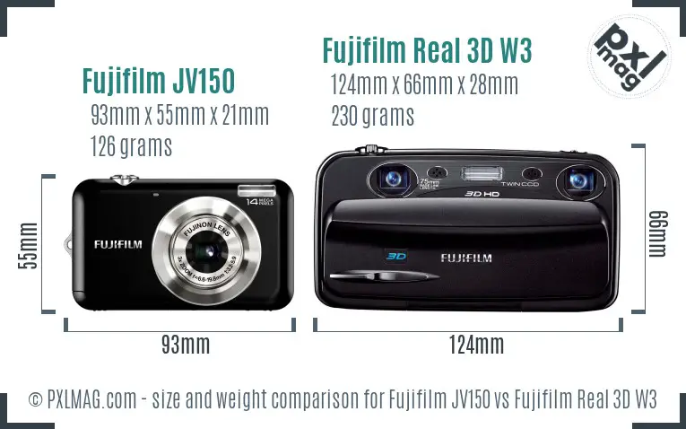 Fujifilm JV150 vs Fujifilm Real 3D W3 size comparison