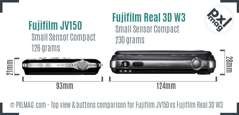 Fujifilm JV150 vs Fujifilm Real 3D W3 top view buttons comparison