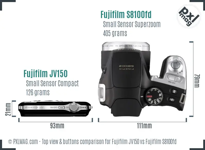 Fujifilm JV150 vs Fujifilm S8100fd top view buttons comparison