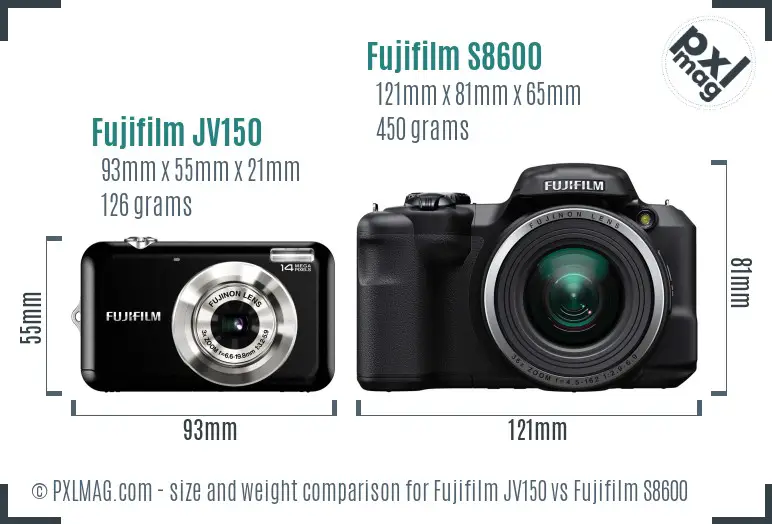Fujifilm JV150 vs Fujifilm S8600 size comparison