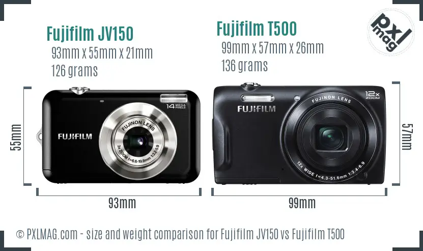 Fujifilm JV150 vs Fujifilm T500 size comparison