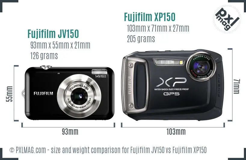 Fujifilm JV150 vs Fujifilm XP150 size comparison