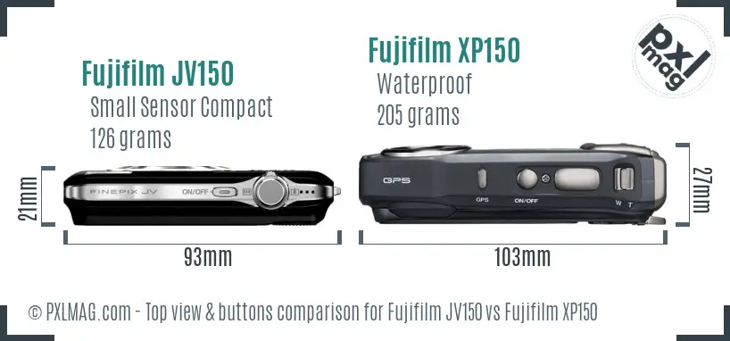 Fujifilm JV150 vs Fujifilm XP150 top view buttons comparison