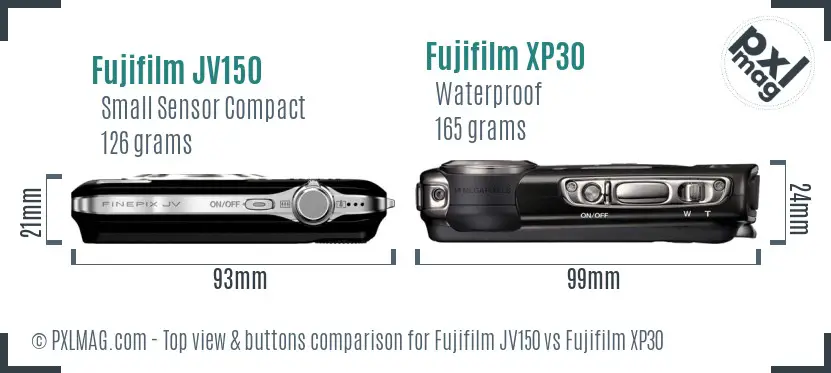Fujifilm JV150 vs Fujifilm XP30 top view buttons comparison
