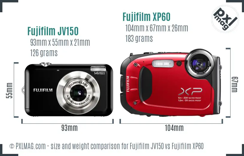 Fujifilm JV150 vs Fujifilm XP60 size comparison