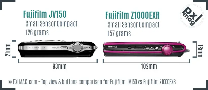 Fujifilm JV150 vs Fujifilm Z1000EXR top view buttons comparison Fujifilm JV150 vs Fujifilm Z1000EXR top view buttons comparison